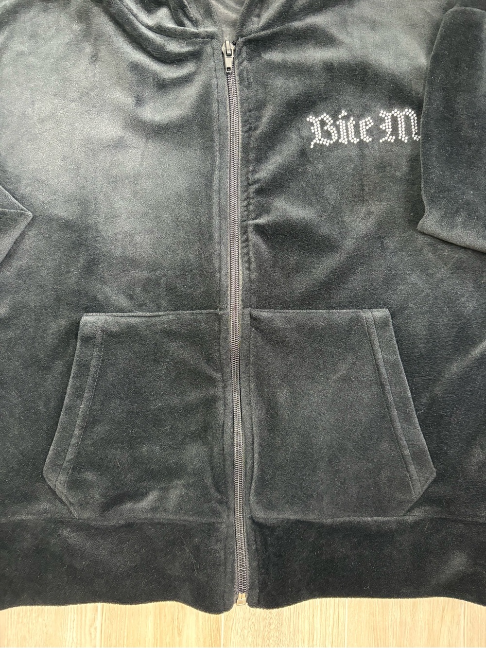 Black 'Bite Me' Bling Velour Zip Hoodie Medium McBling Y2K Style Mall Goth - Picture 4 of 10